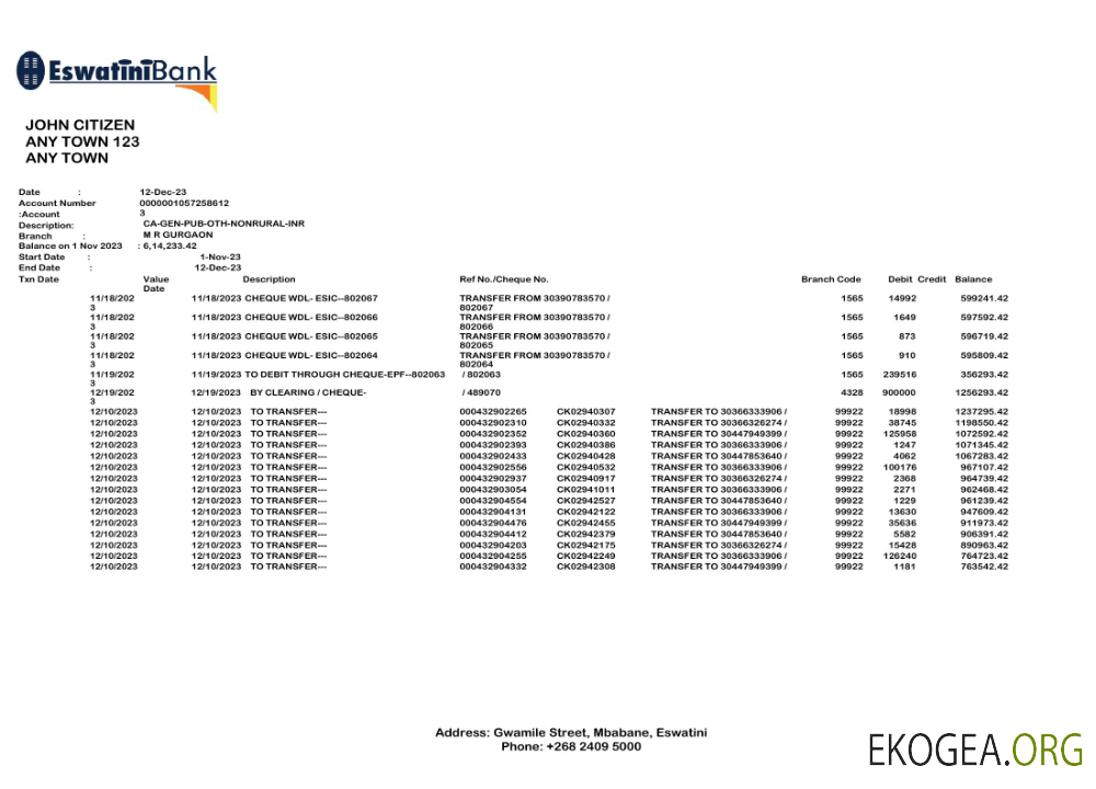 Eswatini Swazibank Limited relevé bancaire modèle Word et PDF scr